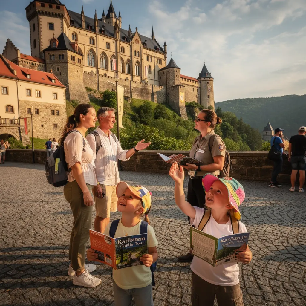 Záběr na historický hrad Karlštejn s rodinou na procházce.