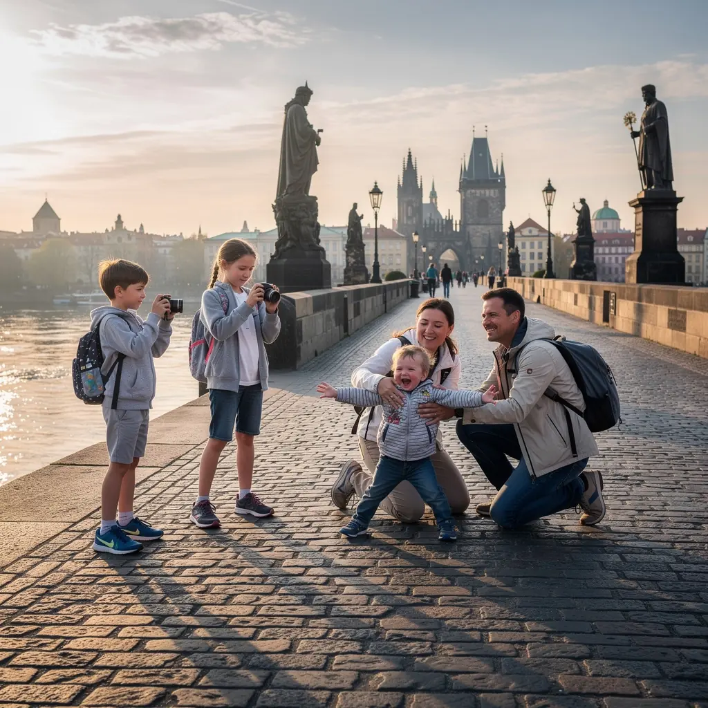 Rodina ochutnávající tradiční české jídlo v restauraci.
