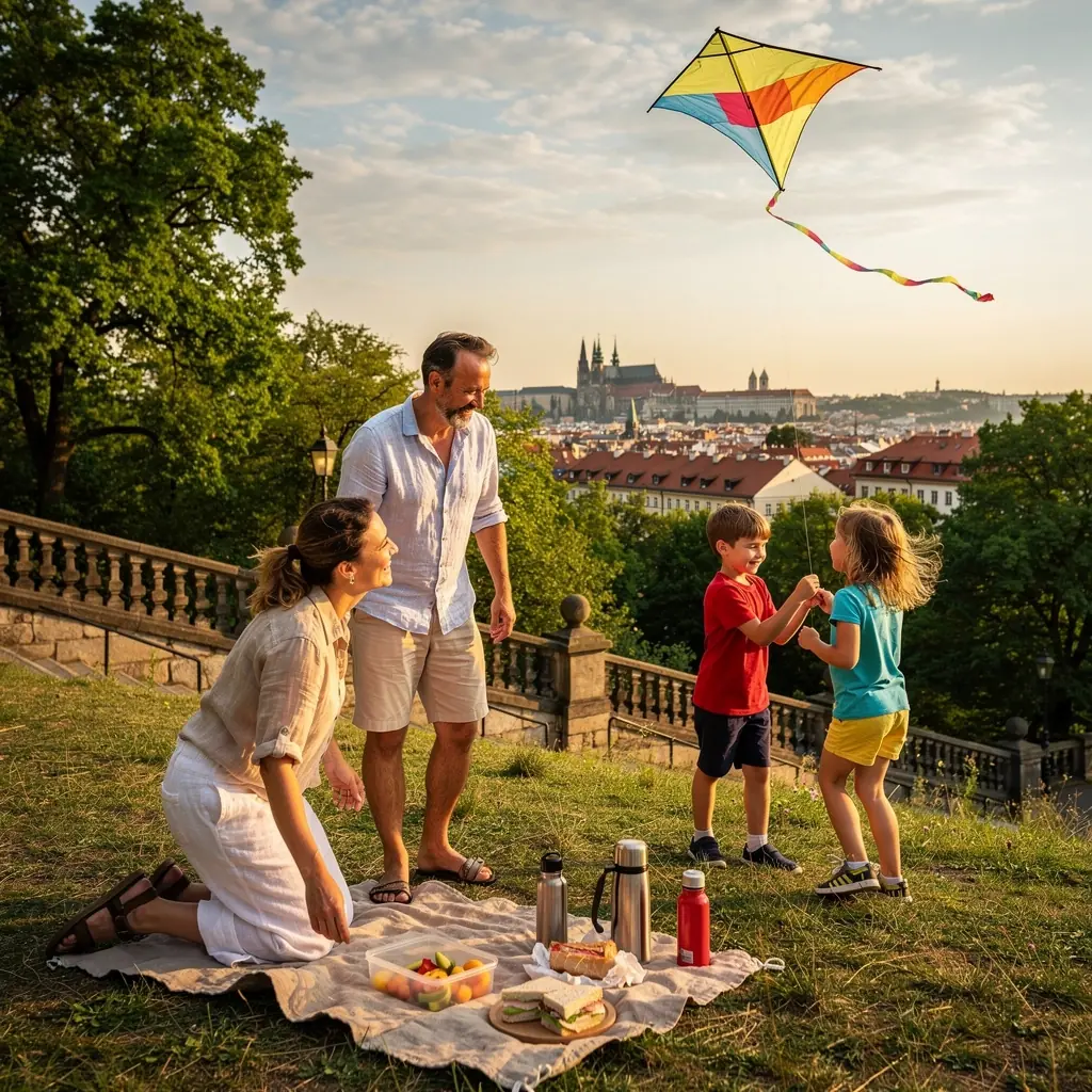 Rodinný výlet na kole podél řeky Vltavy v přírodě.